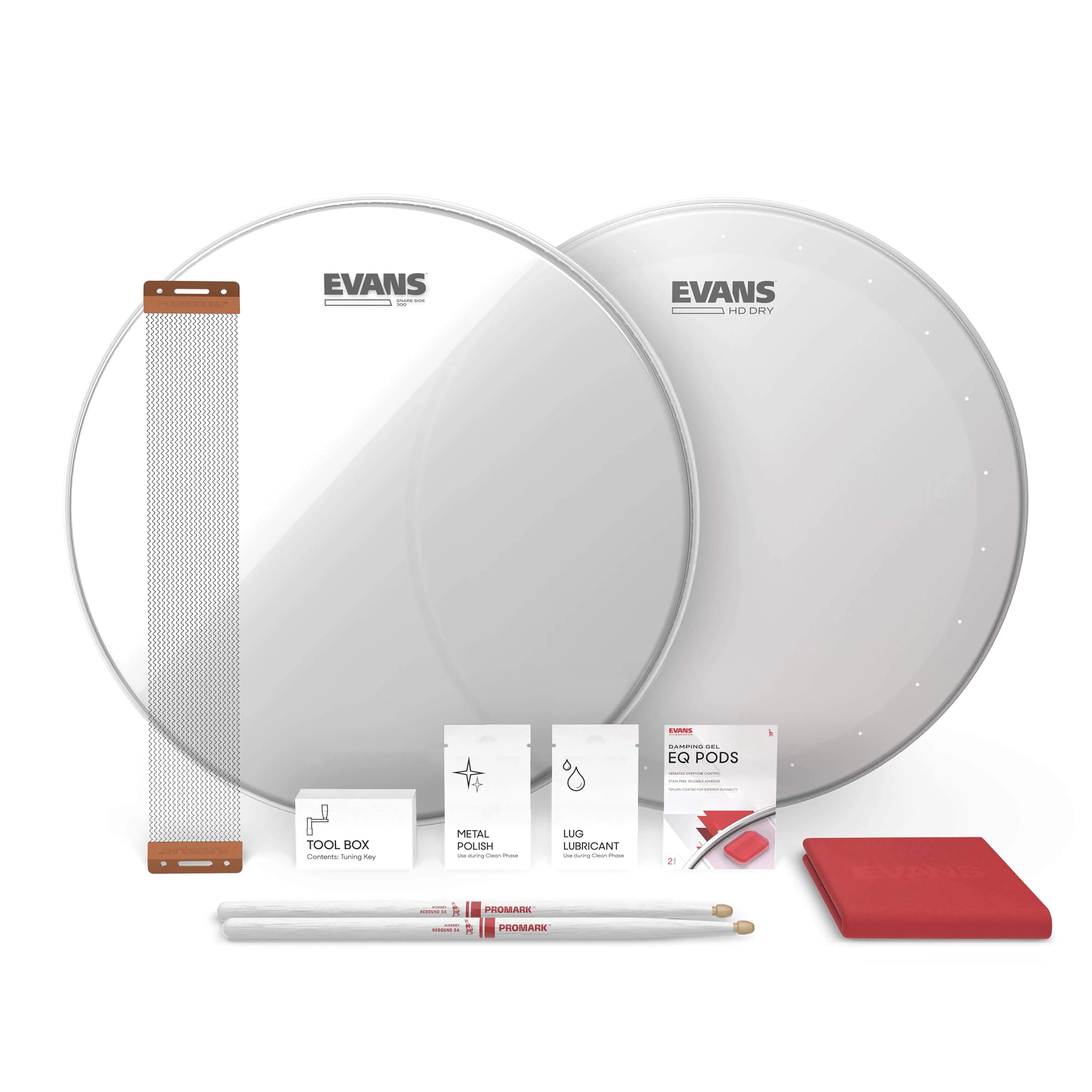 Evans Snare Drum Tune Up Kit - 14 Inch Snare Drum Heads - HD Dry and Clear Resonant Drumheads - EQ Pods - Snare Wires - Drumsticks - Maintenance Accessories