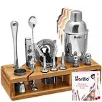 Barillio Bartender Kit - Stainless-Steel Cocktail Shaker Set w/Bamboo Stand - Mixology Bar Tools w/Drink Shaker, Mixer Spoon & Muddler for Cocktails - Home Bar Accessories - 23-Pc Bar Set - Silver