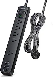 10 Ft Power Strip Surge Protector- 5 Outlets 3 USB Ports, Flat Plug Braided Extension Cord, Overload Surge Protection, Wall Mount for Hotel, Home and Office.