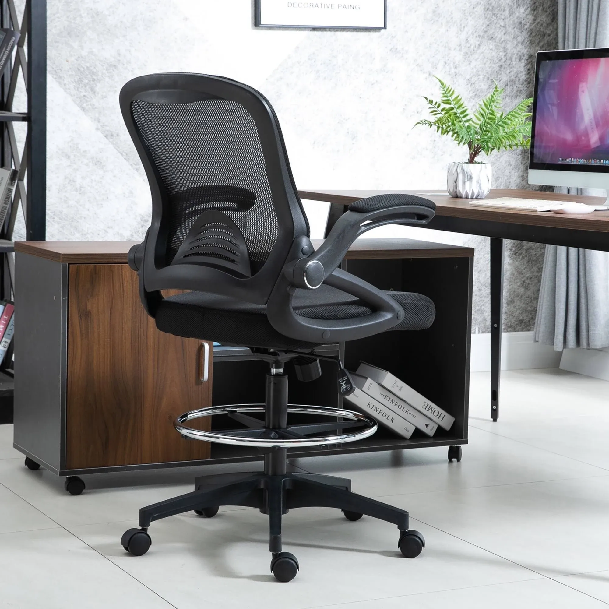 Mesh Drafting Chair, Tall Office Chair with Lumbar Support, Flip-Up Armrests, Footrest Ring and Adjustable Seat Height