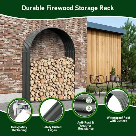 A ANLEOLIFE Galvanized Steel Firewood Storage Shed Outdoor Corrugated Metal Log Rack, Heavy Duty Log holder Lumber Storage Stand -Arch Gray