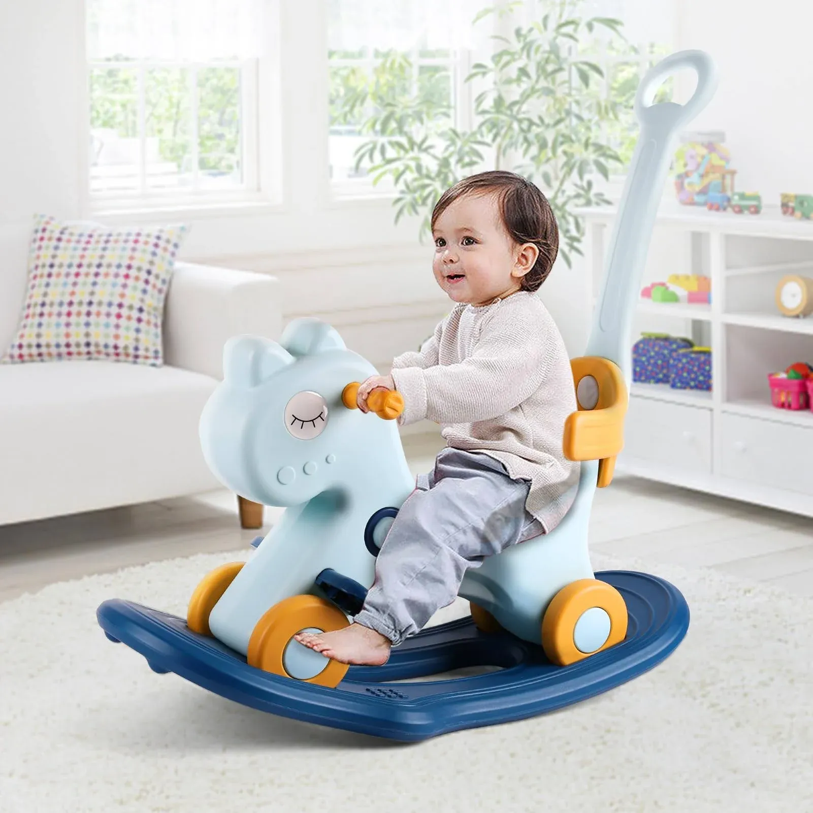 4 in 1 Rocking Horse for Toddlers 1-3 Years Old, Baby Rocking Toy Fun Birthday Gift for 1+ Boys, Ride on Toy with Detachable Balance Board and Footrest，Balance Bike with Push Handle，Blue