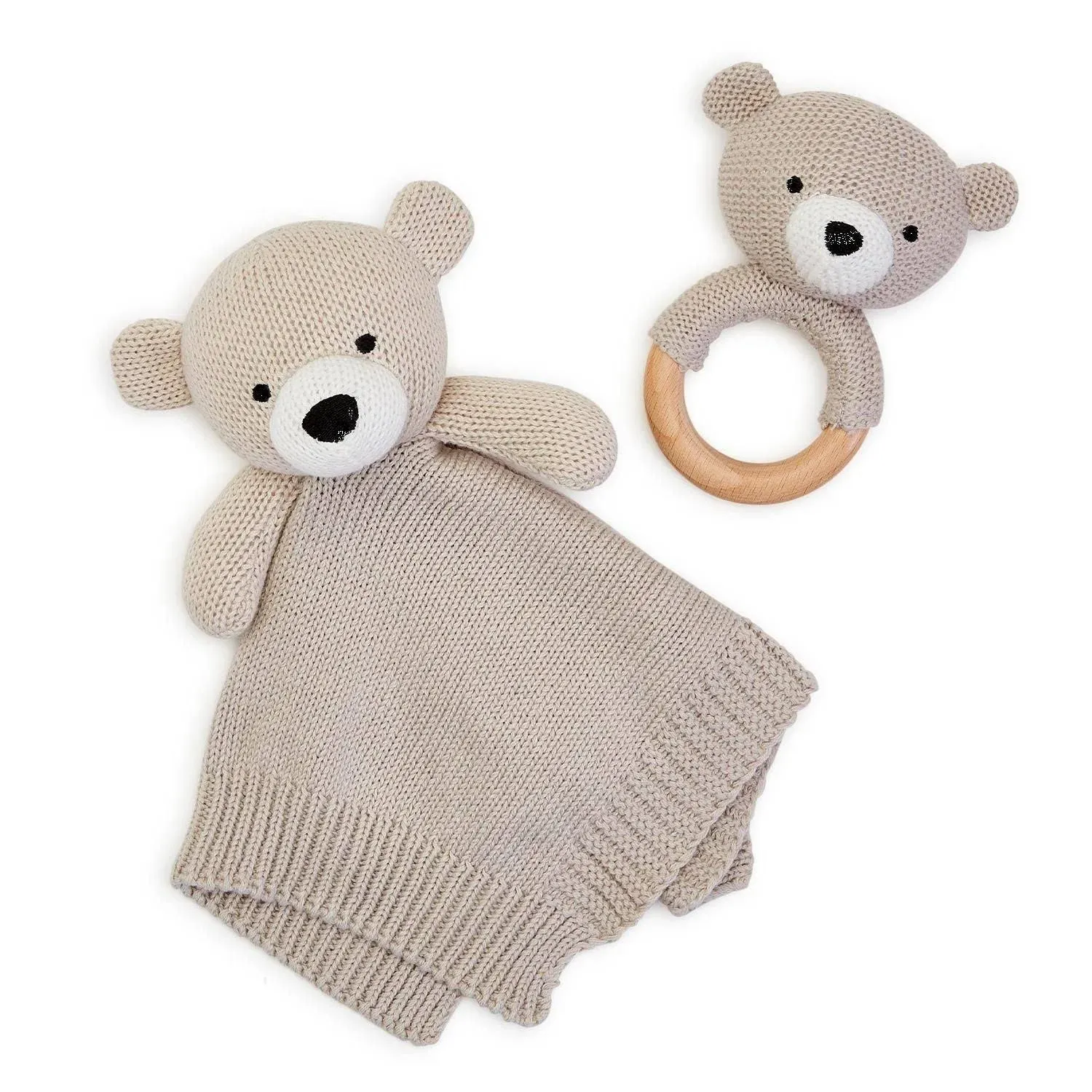 Knitted Baby Bear Snuggle and Rattle Set