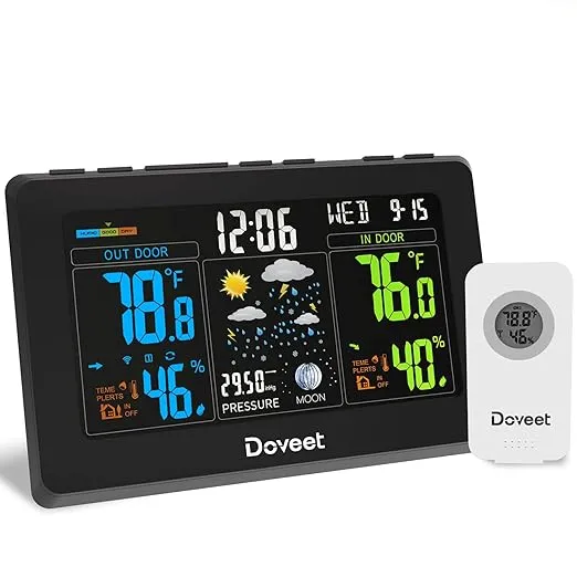 Doveet Weather Station with Indoor Outdoor Thermometer & Wireless Sensor , S657, Black