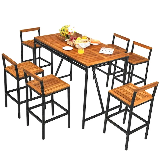 Costway 7 Pieces Acacia Wood Patio Rattan Bar Set with Umbrella Hole