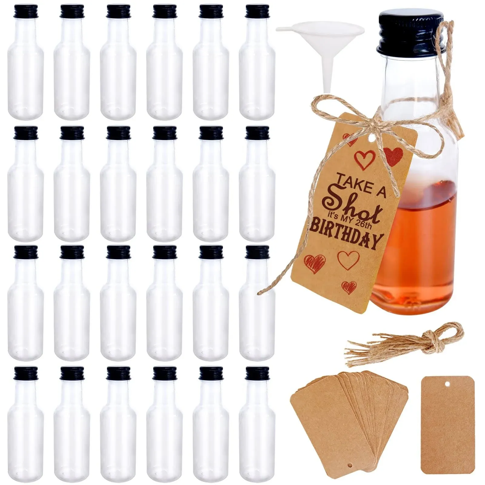 Mini Liquor Bottles, 24 Pack Airtight Plastic Spirit Bottle with Black Cap, 1.7oz Mini Empty Plastic Alcohol Shot Bottles with 1 Funnels, 24 Tag and Ropes Miniature Bottles for Wedding, Party