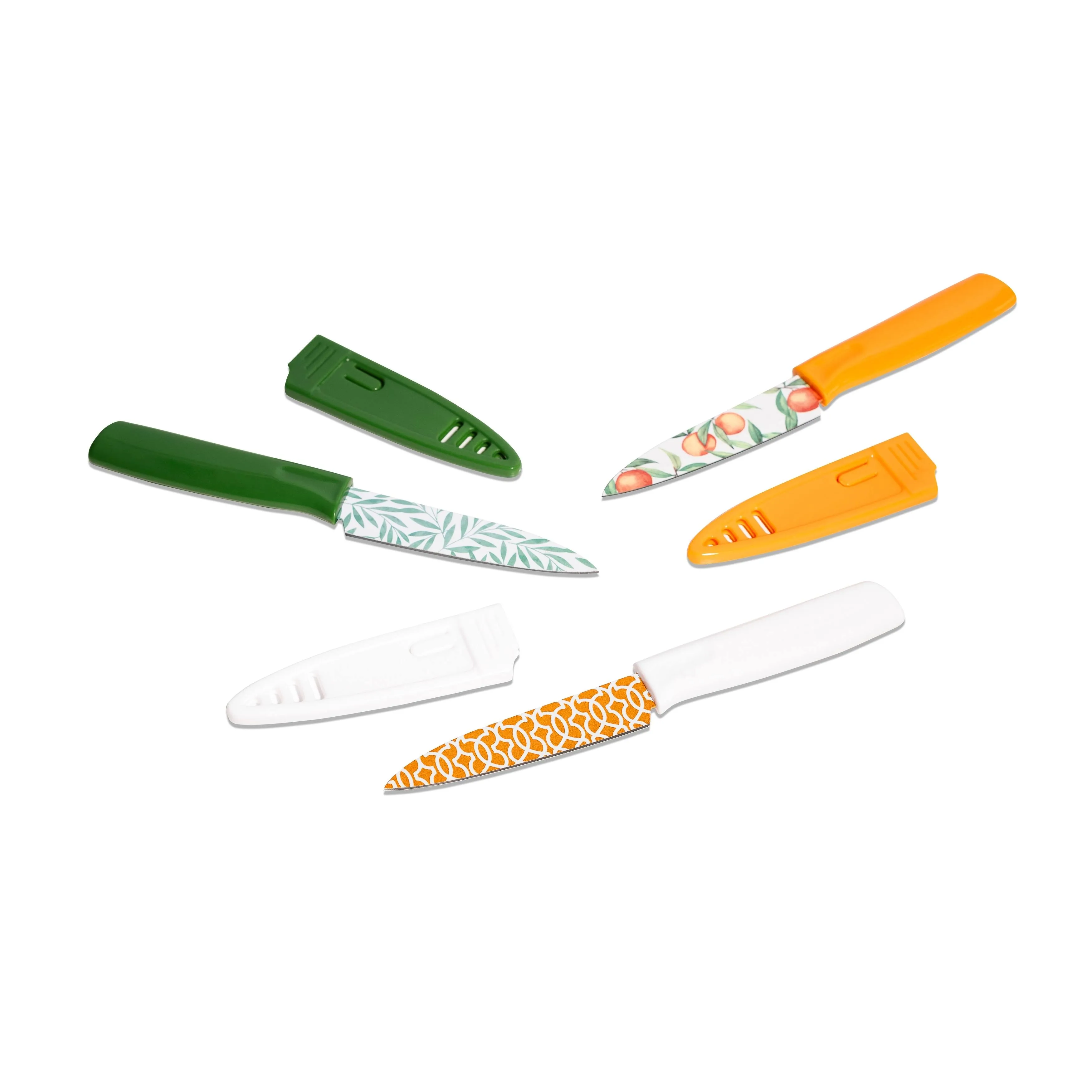 3 Piece Printed Knife Set with Sheaths, Orange Zest