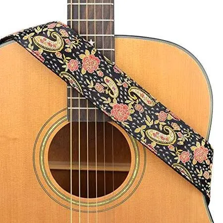 CLOUDMUSIC Guitar Strap for Acoustic Electric Embroidered Jacquard Vintage Floral Patterns(Paisley and Roses), Multicolor