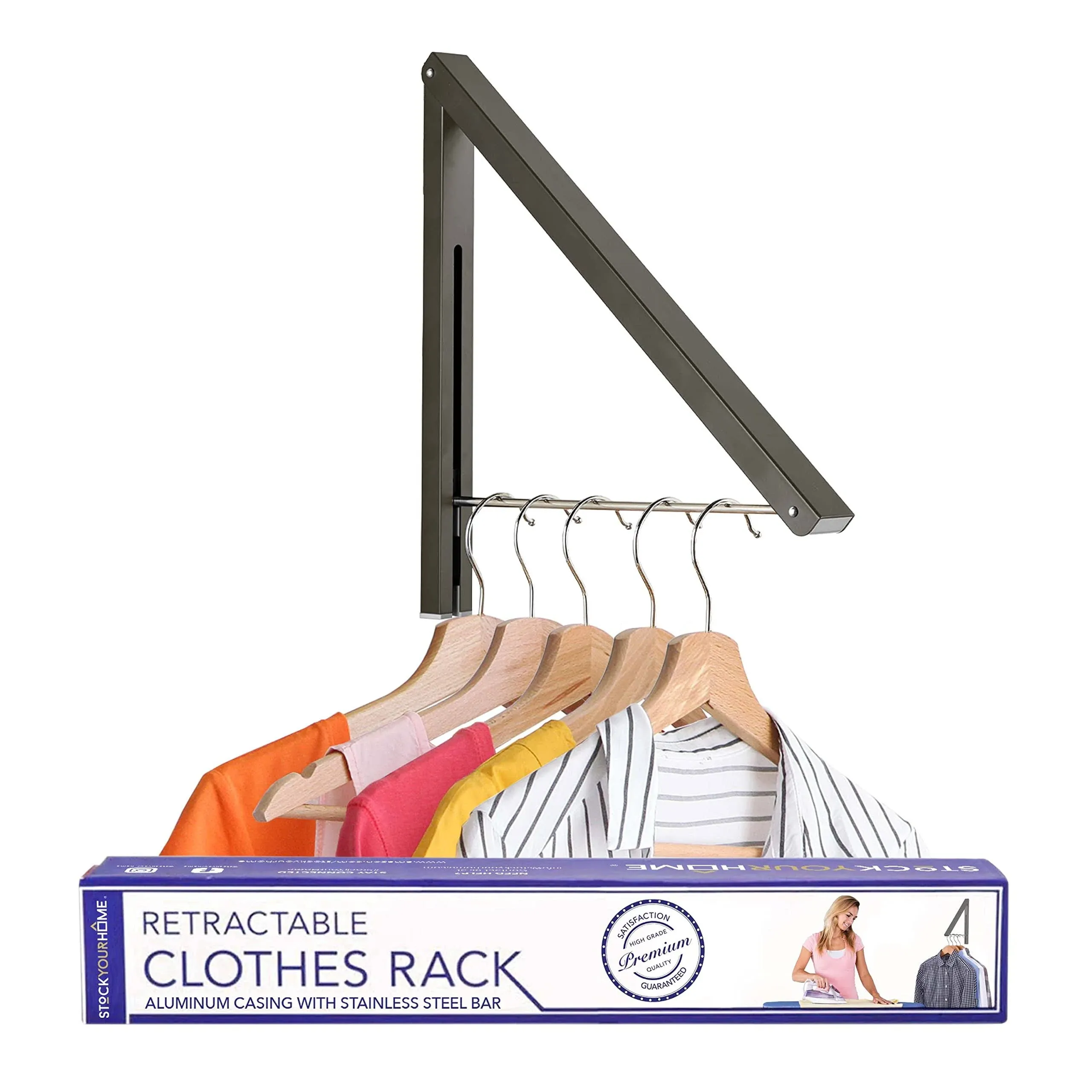 Single Foldable Clothing Rack, Wall-Mounted Retractable Clothes Hanger for Laundry Dryer Room, Hanging Drying Rod, Small Collapsible Folding Garment Racks, Dorm Accessories (Gray)