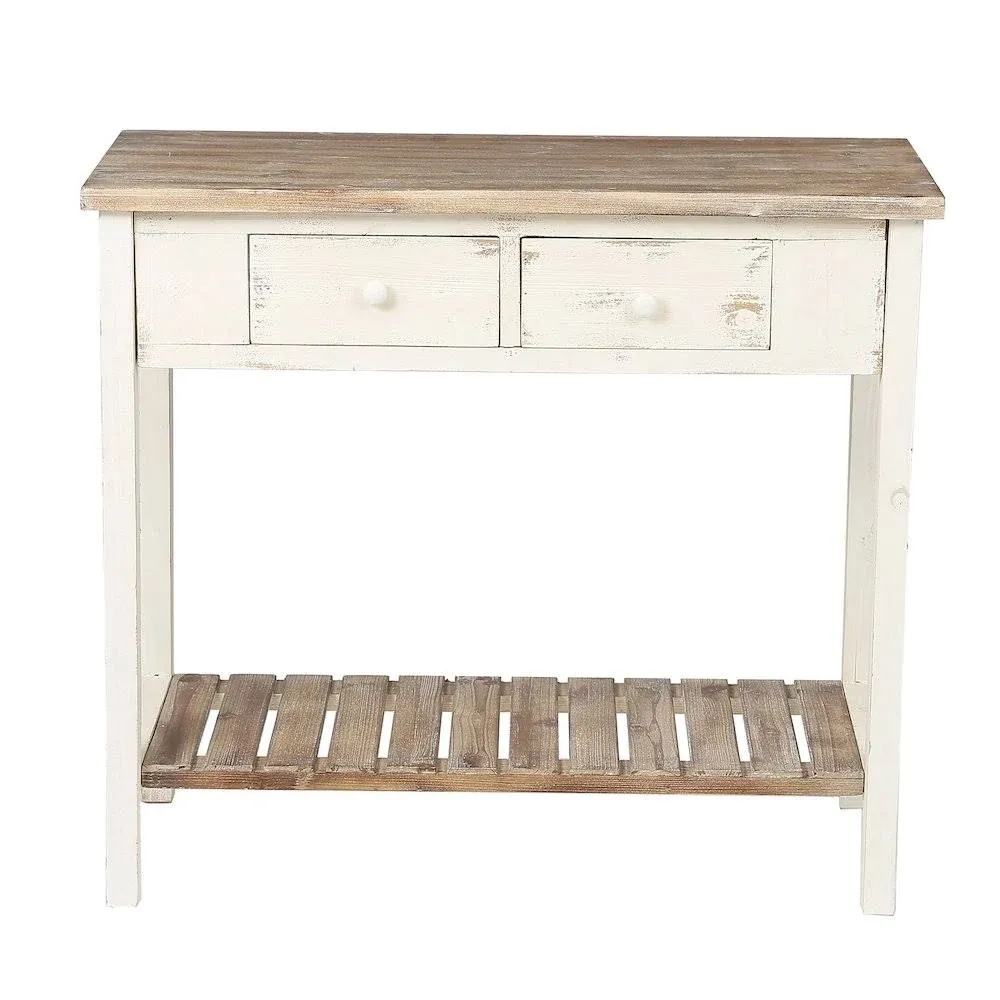 Distressed White And Wood 2-Drawer 1-Shelf Console And Entry Table