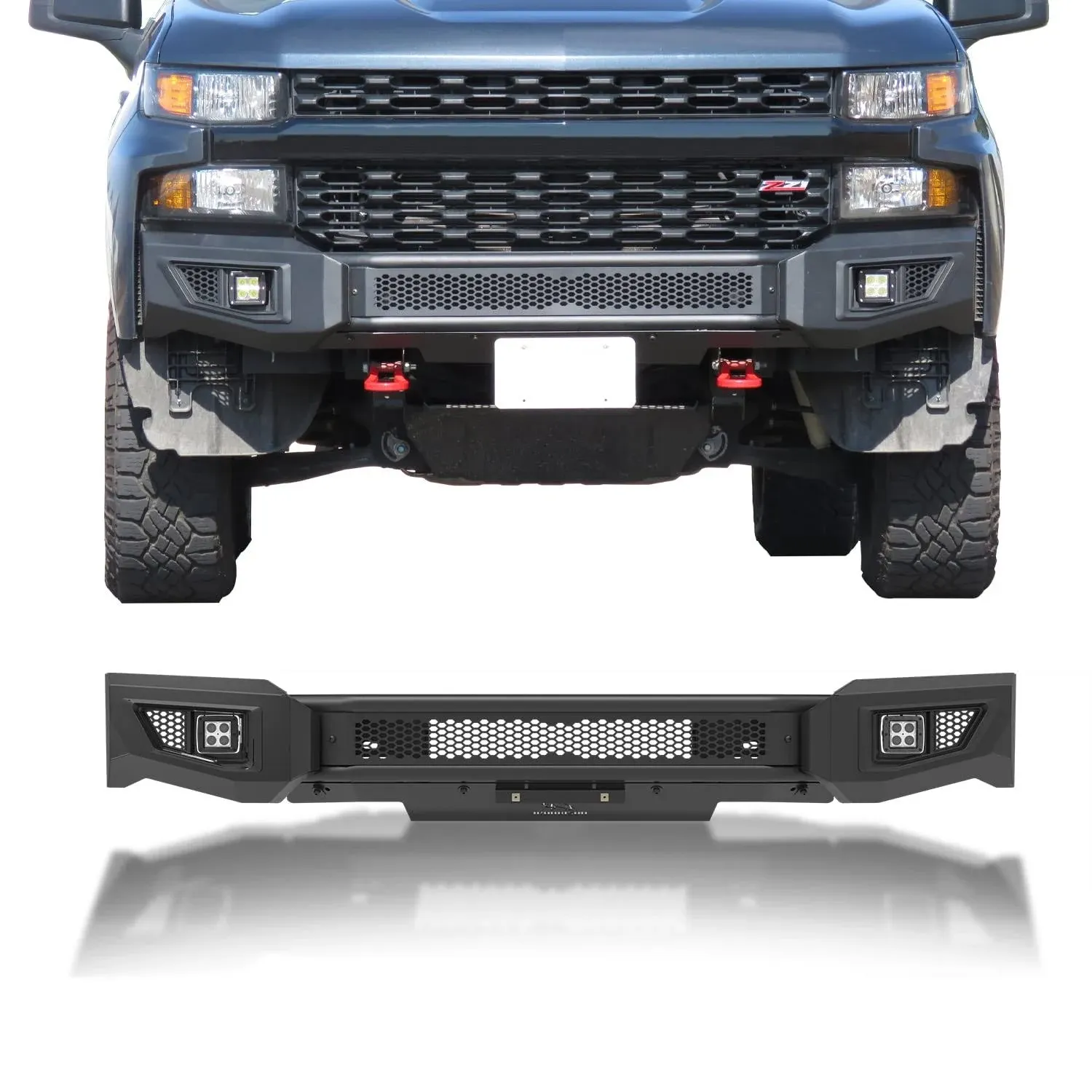 Barde Front Bumper Fit 2019-2021 Chevy Silverado 1500 (Excl. 2019 Silverado 1500 LD) Pickup Truck Bumper Guard with 2 LED Fog Light Can Add 30” LED Light Fine Texture Black