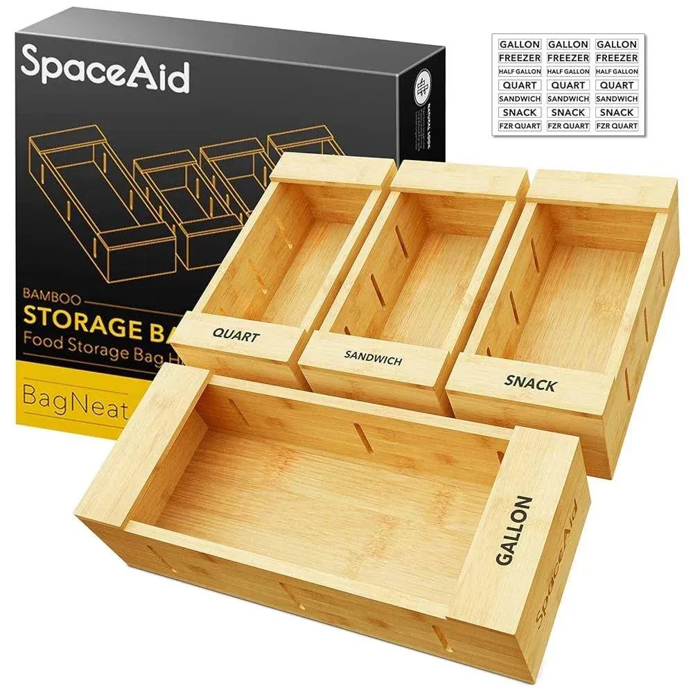 SpaceAid Bag Storage Organizer for Kitchen Drawer, Bamboo Organizer, Compatible with Gallon, Quart, Sandwich and Snack Variety Size Bag (4 Pack)