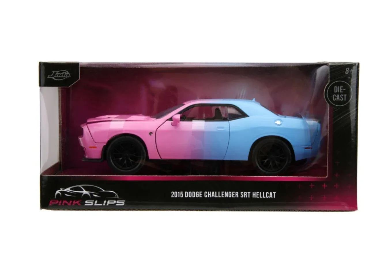 2015 Dodge Challenger SRT Hellcat Pink and Blue Gradient with Matt Black Hood and Top "Pink Slips" Series 1/24 Diecast Model Car by Jada