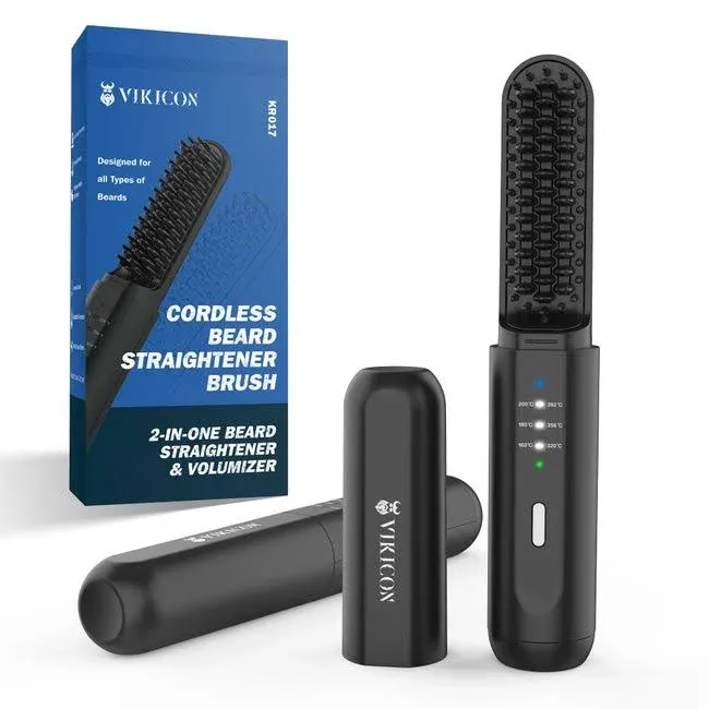 VIKICON Beard Straightening Heat Brush for Men: Cordless Beard and Hair Straightener Hot Comb, Mini & Anti-Scald & Auto Shut Off,Portable for Travel,Unique Gifts for Men