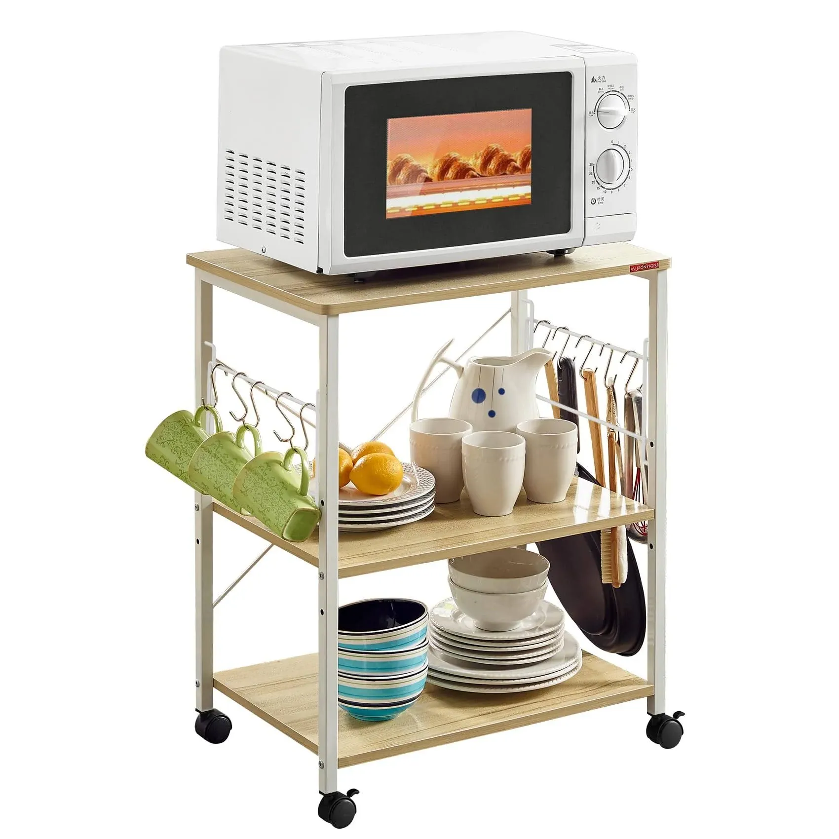 Mr IRONSTONE Microwave Cart 23.7'' for Small Space, 3-Tier Coffee Cart Rolling Kitchen Utility cart Microwave Stand on Wheels, White