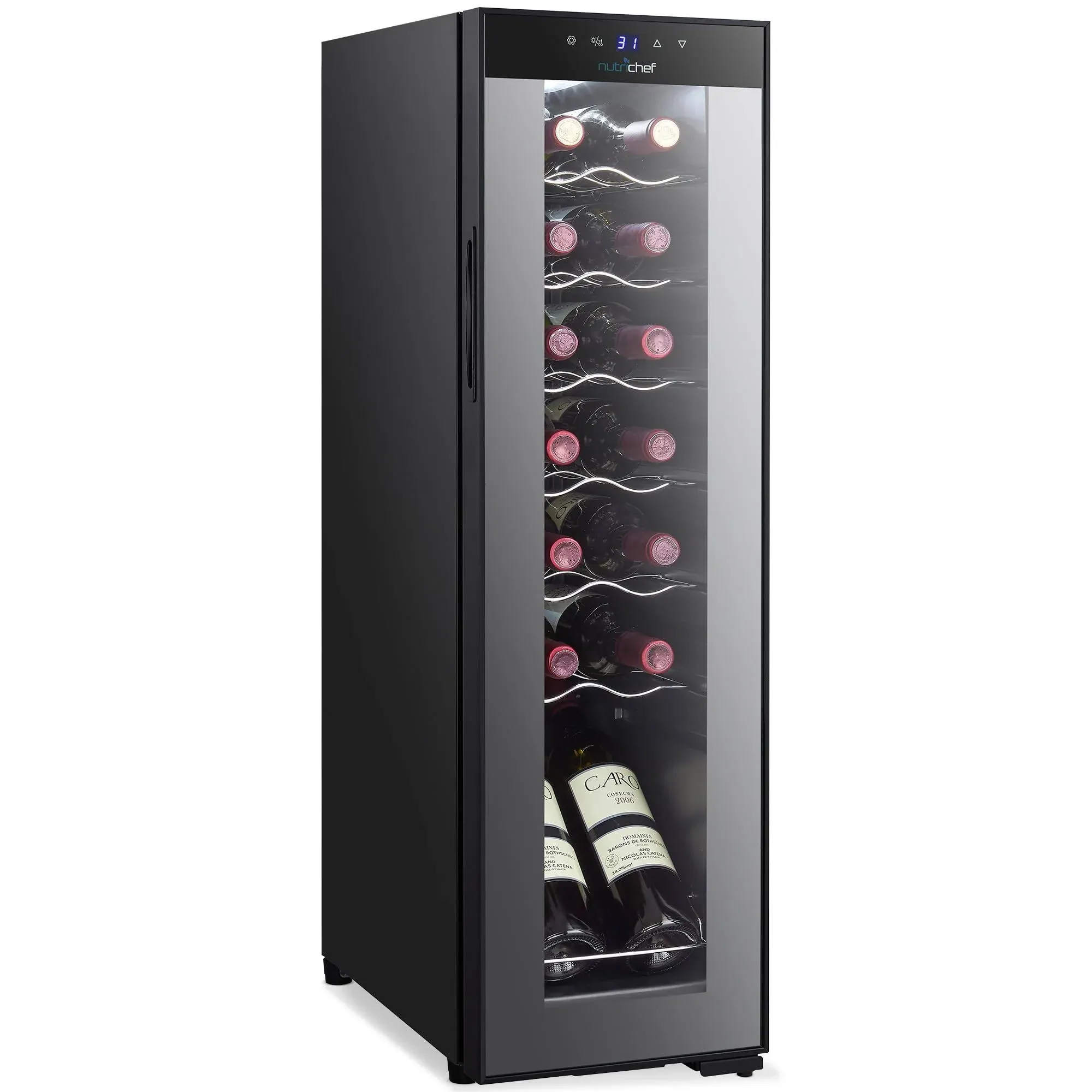 NutriChef Single-Zone Wine Cooler & Chiller – Digital Touch Control, Airtight Seal, 14-Bottle Capacity, Black