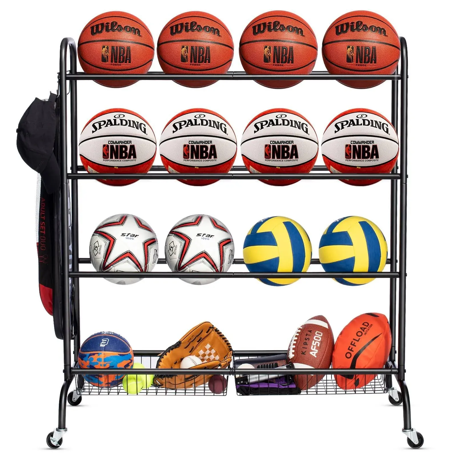 EXTCCT Basketball Rack, Rolling Basketball Shooting Training Stand,Sports Equipment Storage with Wheels, Four-Layer Organizer Holder with Two Basket