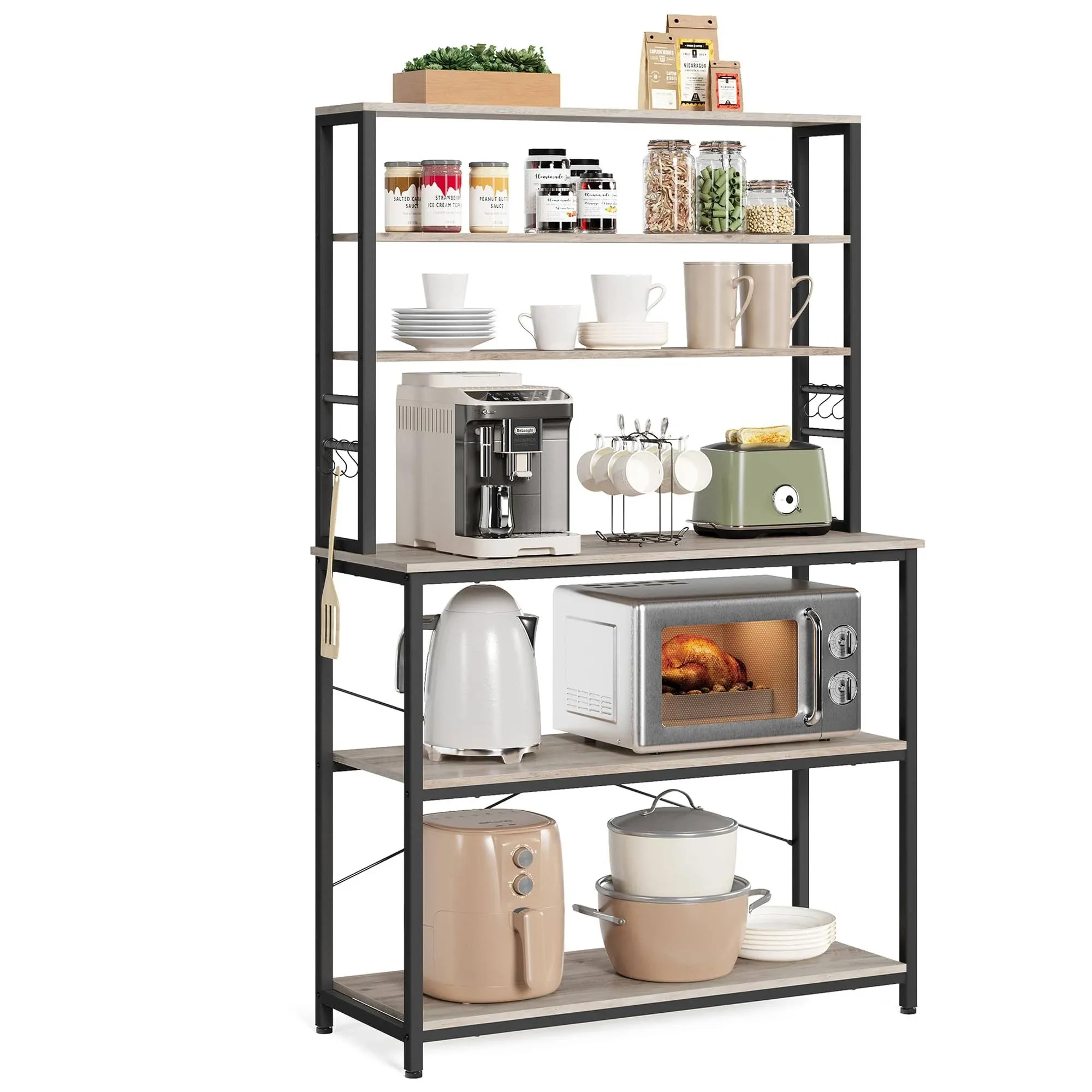 VASAGLE Coffee Bar, Baker’s Rack for Kitchen with Storage, 6-Tier Kitchen Shelves with 6 Hooks, Microwave Stand, Greige and Black UKKS039K02