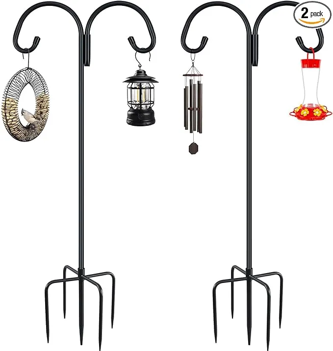 Gtongoko Adjustable Double Shepherd Hook for Outdoor 76 Inch 2 Pack with 5 Prong Base, 5/8 Inch Thick Heavy Duty Bird Feeder Pole for Bird Feeder Lanterns Weddings Decor