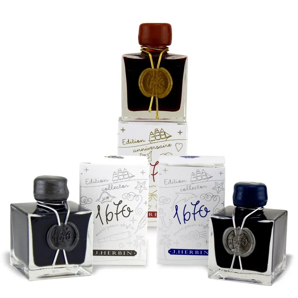 J. Herbin 1670 Anniversary Fountain Pen Ink Set 3 Bottles: Red, Blue &amp; Coal Grey