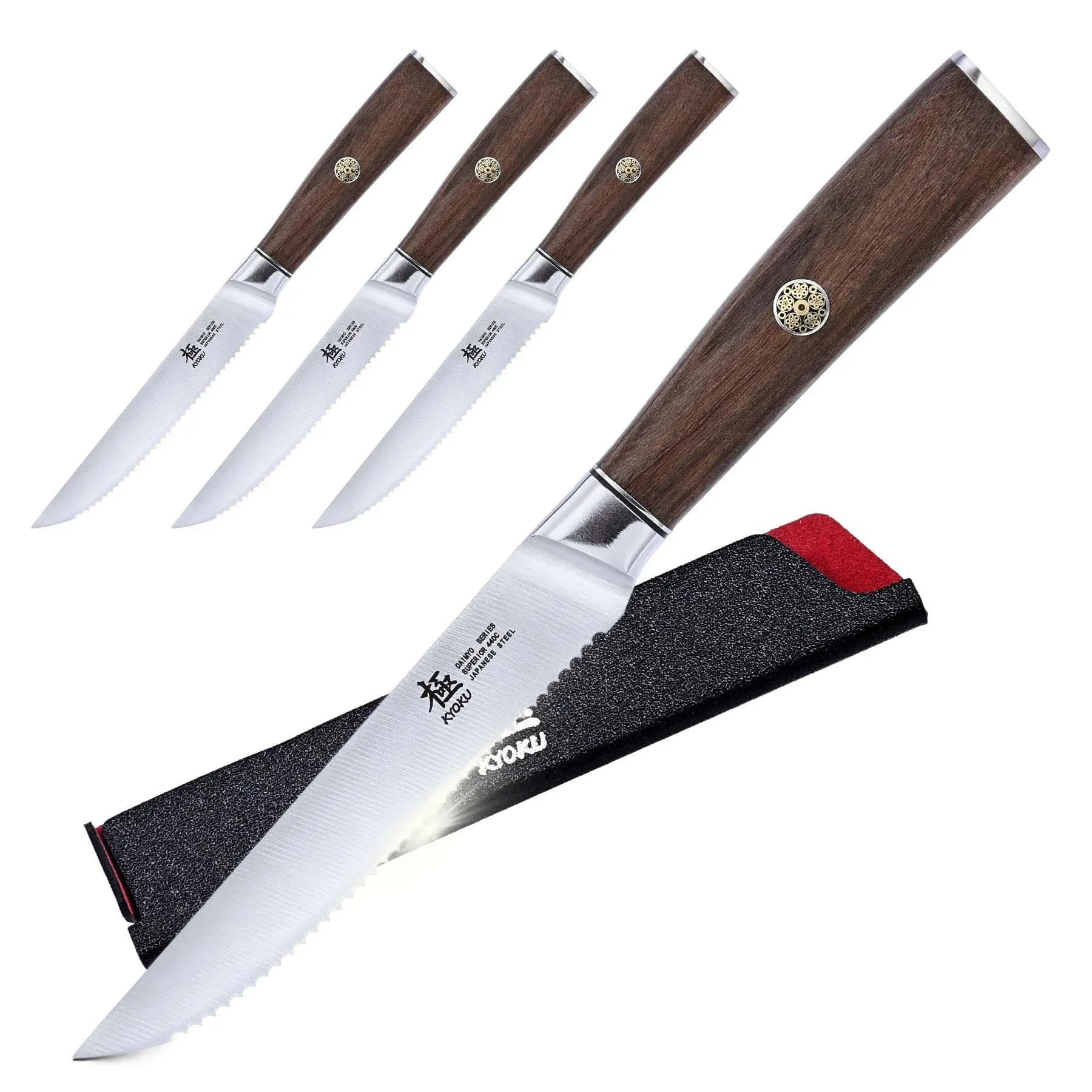 Kyoku Daimyo Series Serrated Steak Knife Set of 4 - Japanese 440C Stainless Steel ...