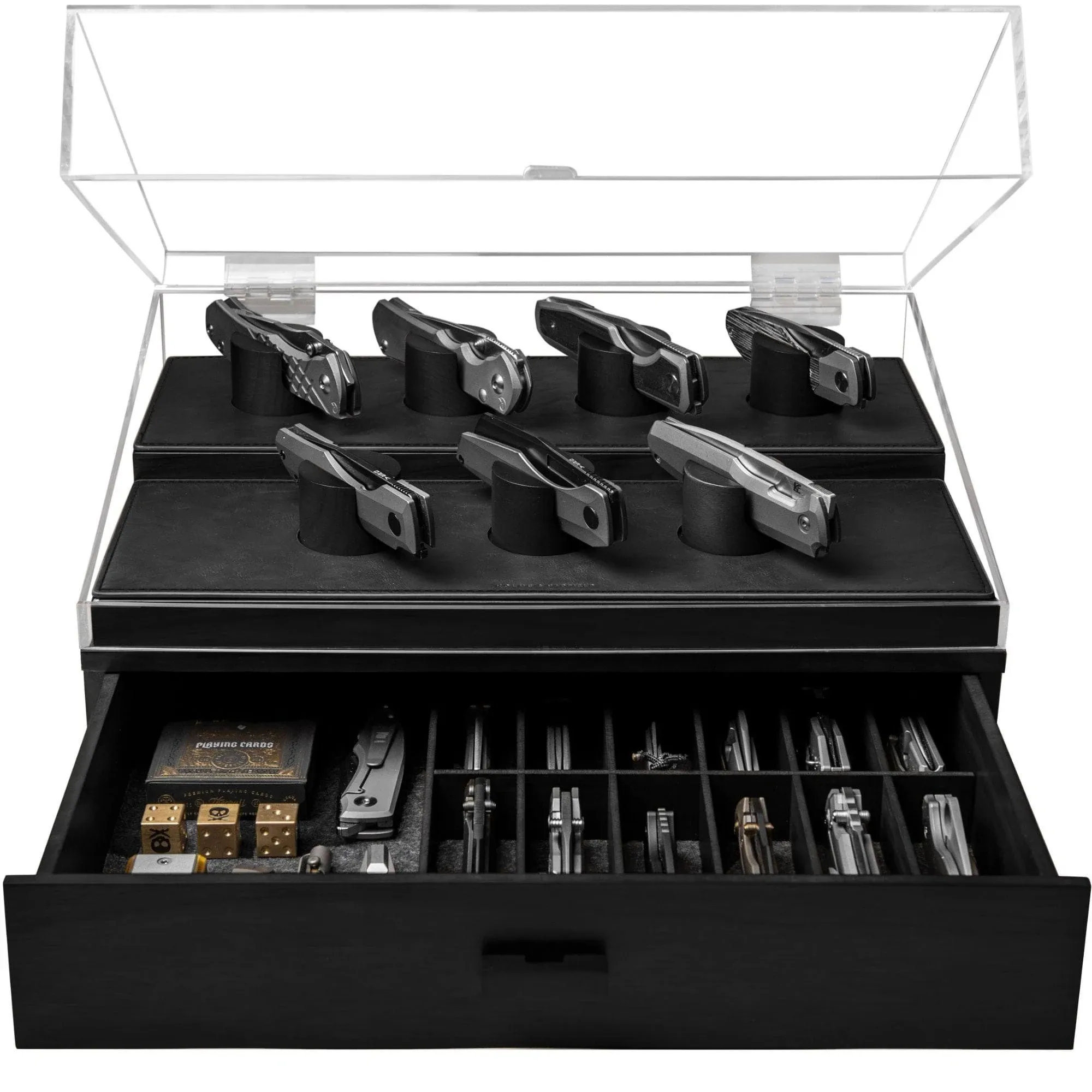 Display Your Knife Collection with The Armory Pro – Premium Pocket Knife Display Case for 20-30 Knives for Men – Easy Access & Huge Drawer – Wooden Pocket Knife Holder