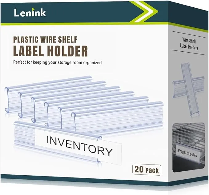 Lenink 20Pcs Wire Shelf Label Holders,Plastic Wire Rack Label Holder Compatible with Metro and Nexel 1-1/4in Shelves,Label Area 6in Lx1.25in H (Label Paper Not Included)