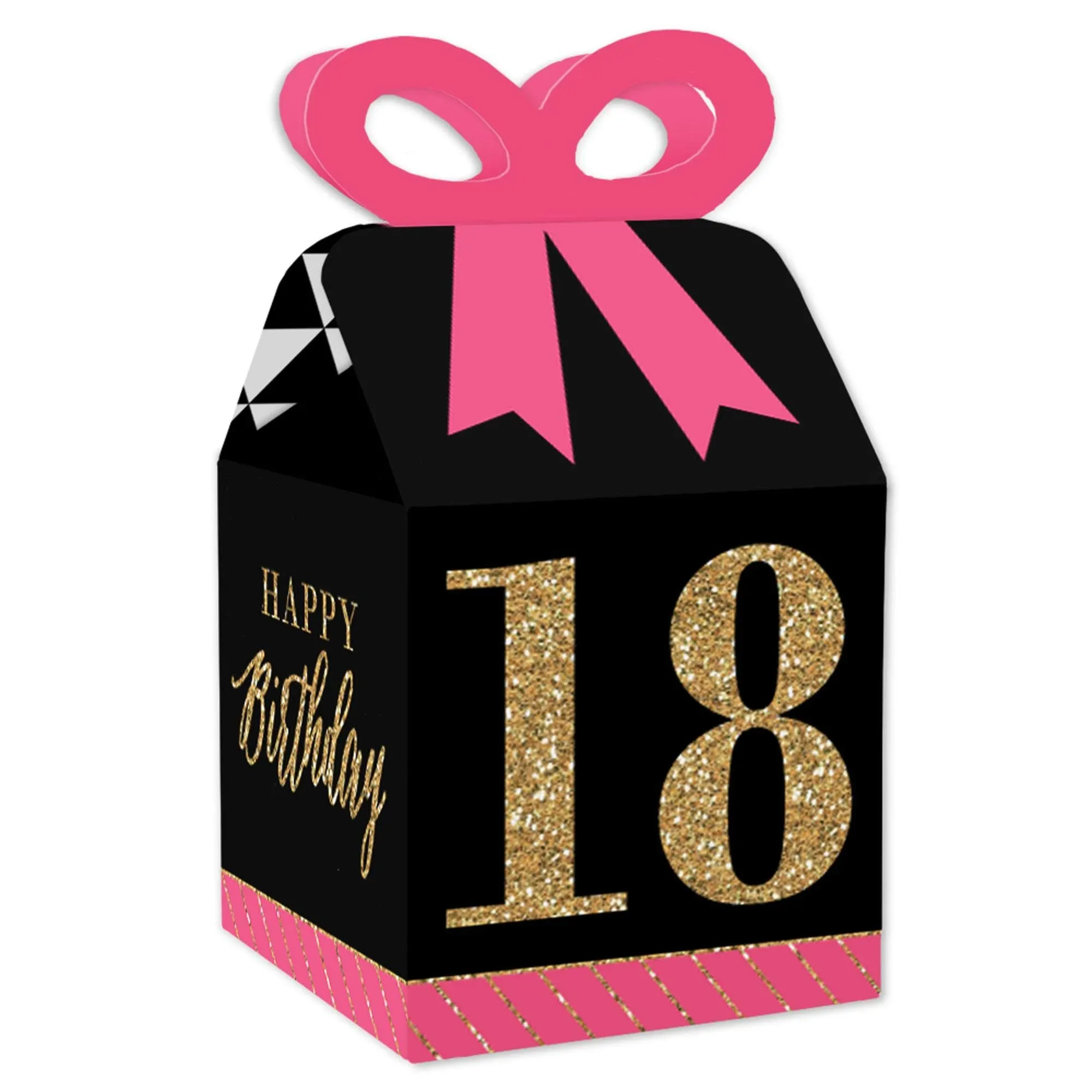 Chic 18th Birthday - Pink, Black and Gold - Square Favor Gift Boxes - Birthday Party Bow Boxes - Set of 12