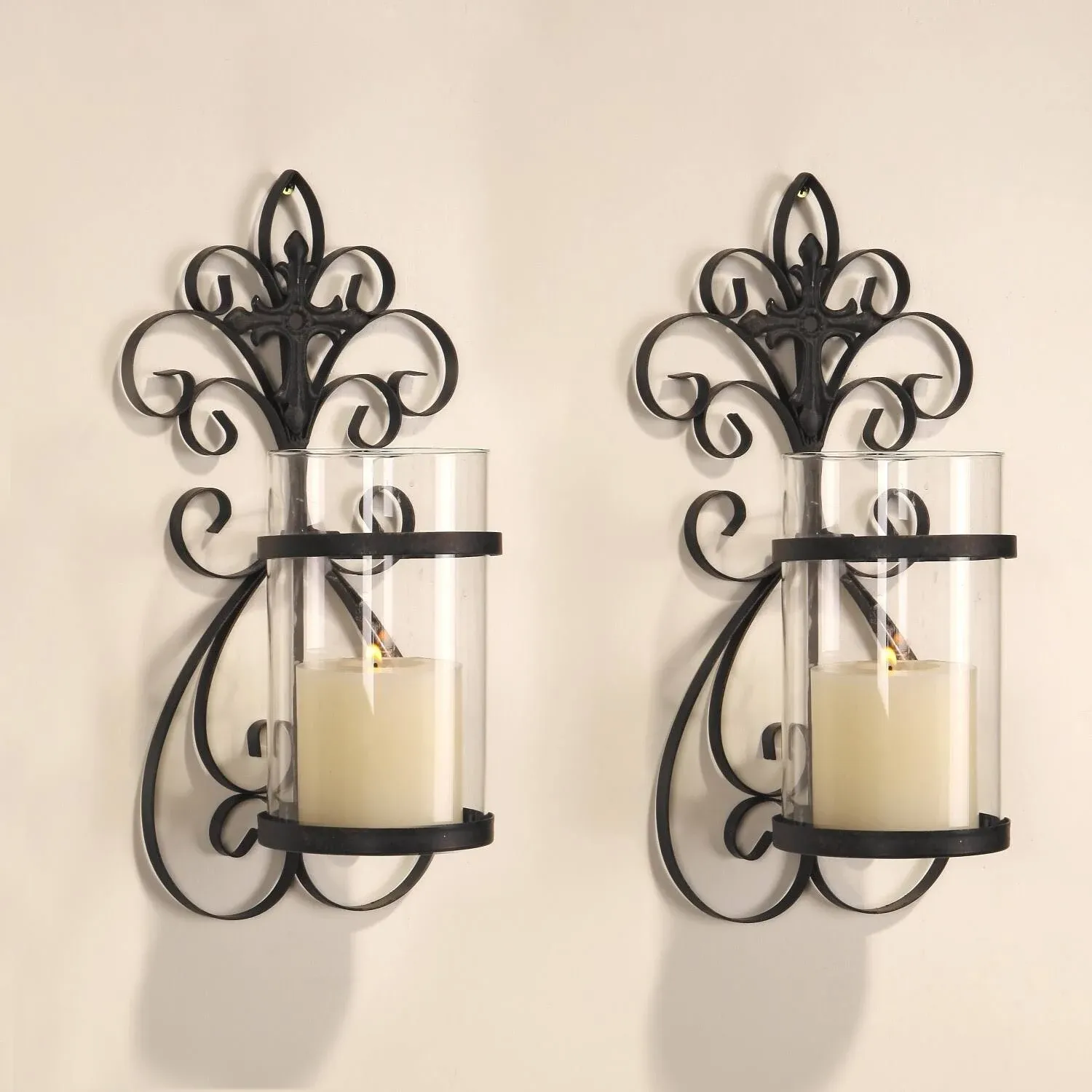 Adeco Iron and Glass Vertical Wall Hanging Candle Holder Sconce (Set of 2), Size ...