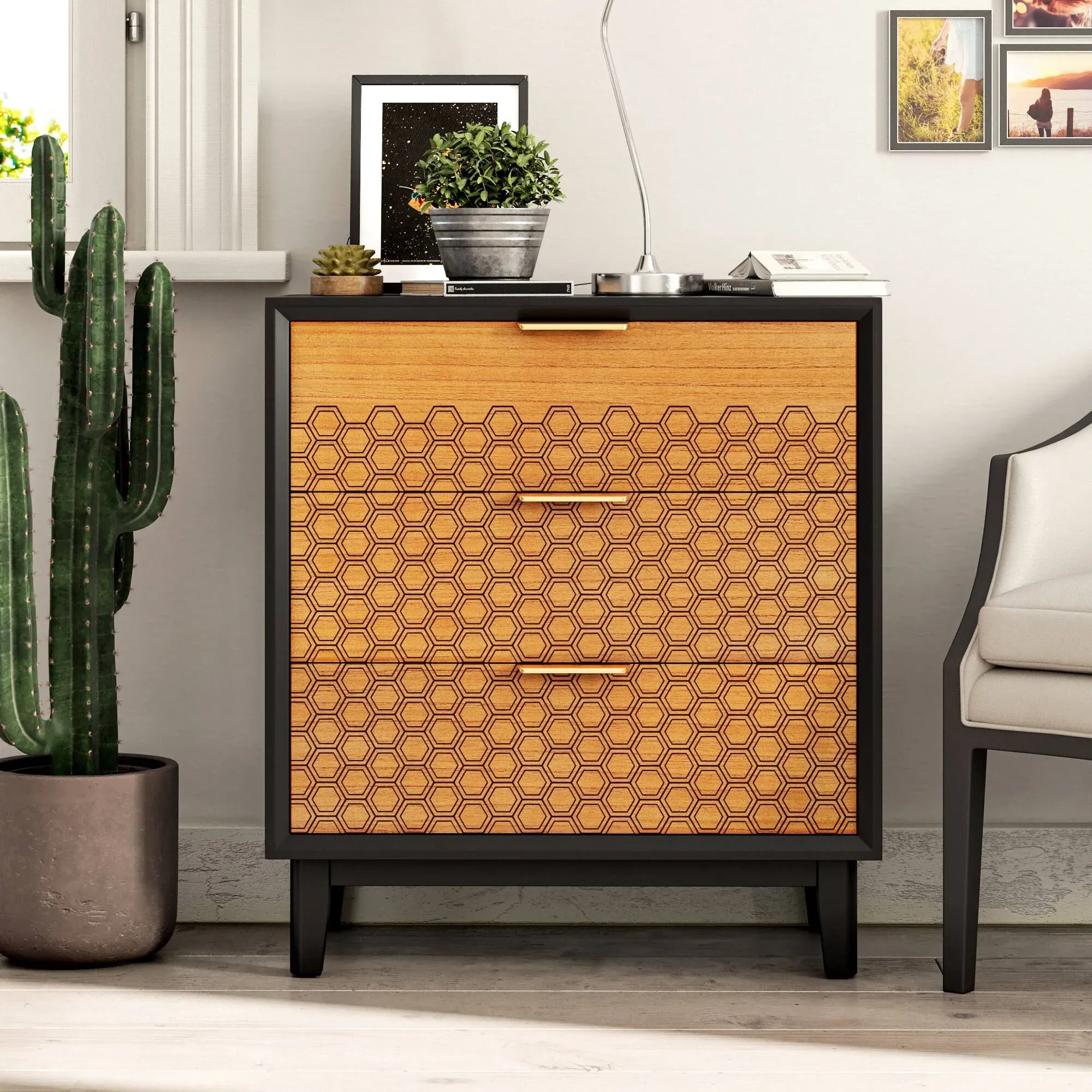 COZAYH Farmhouse Nightstands, Storage Wood Bedside Table with Honeycomb Pattern ...