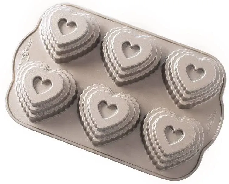 Nordic Ware Cast Bundt Bakeware Tiered Heart Cakelets Toffee, 3-Cup