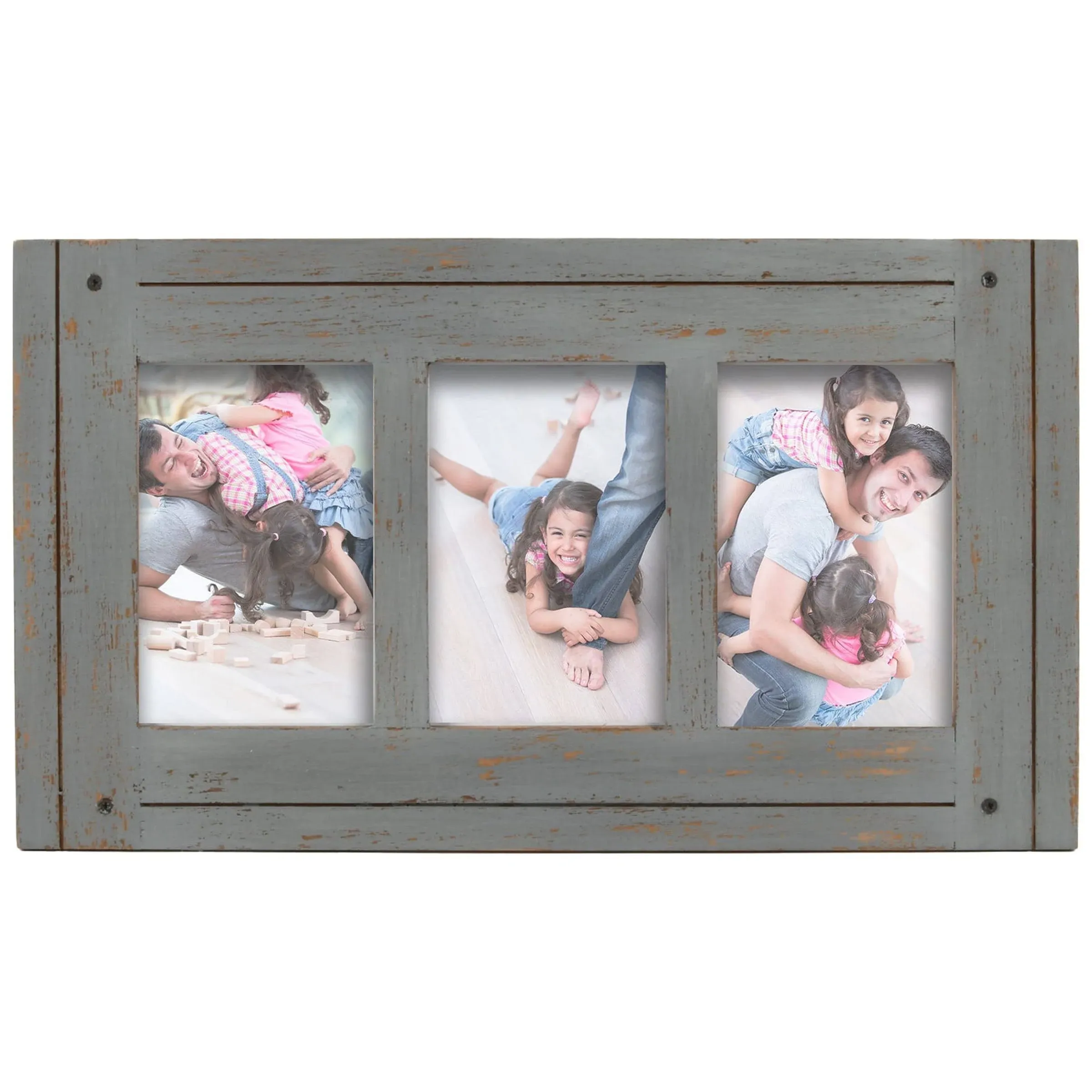 Prinz Homestead Gray 3-Opening Collage Picture Frame, Made for 4x6 Photos, Distressed Wood Frame, Two-Way Easel, Wall or Tabletop Display