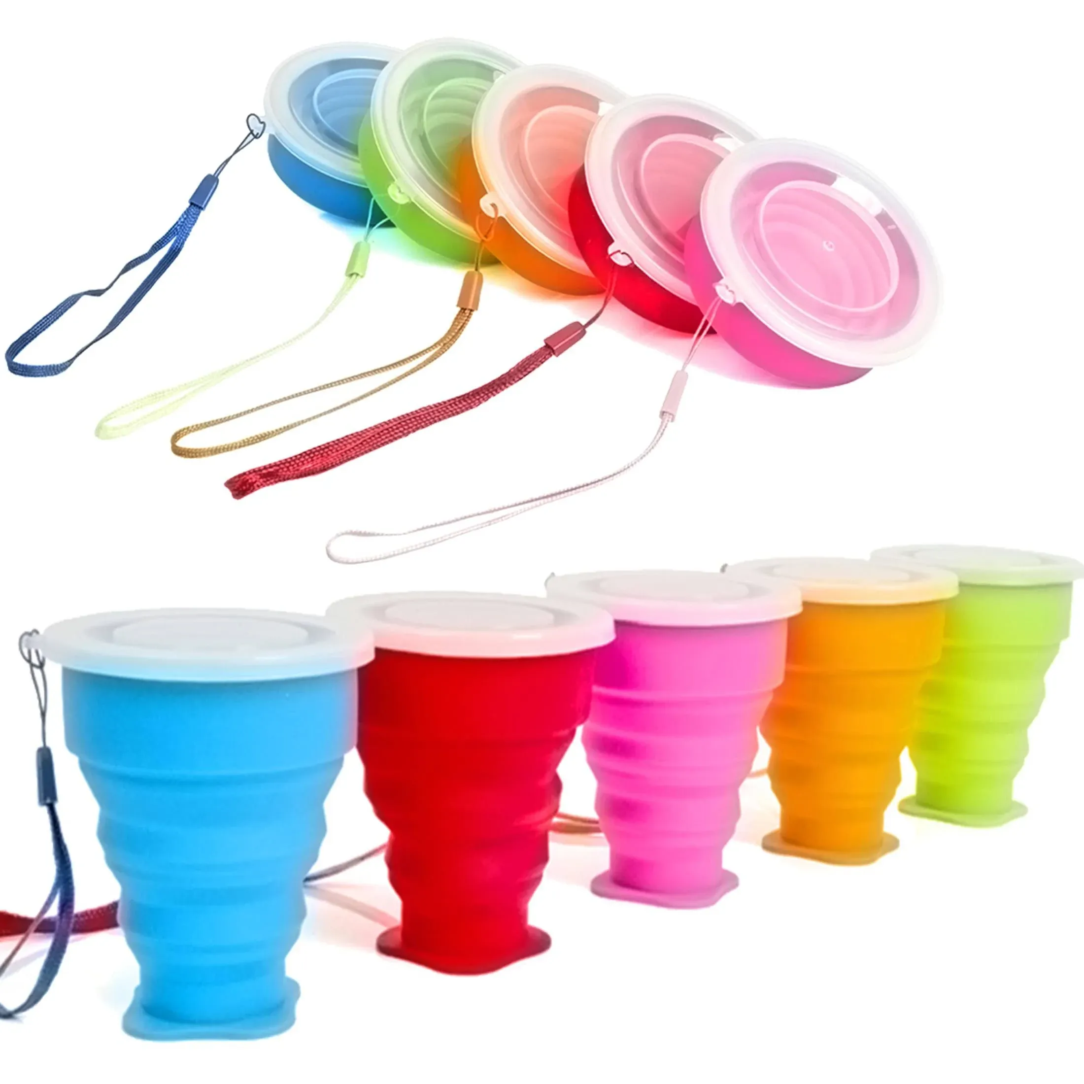 Stouge 5 Pack Silicone Collapsible Travel Water Cup Portable Camping Cup with Lids Food Grade Mugs Set for Outdoor Drinking