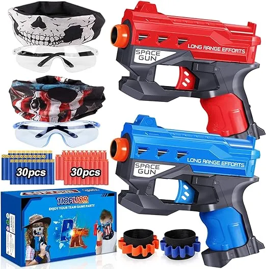 2 Pack Blaster Guns Boys Toy-with 60 Bullets &2 Wristbands, TiopLior Blaster Guns Toy Age for 4-9 Christmas Birthday Gifts &2 Safety Glasses/Face Masks for 6+ Year Old Kids Games Toys