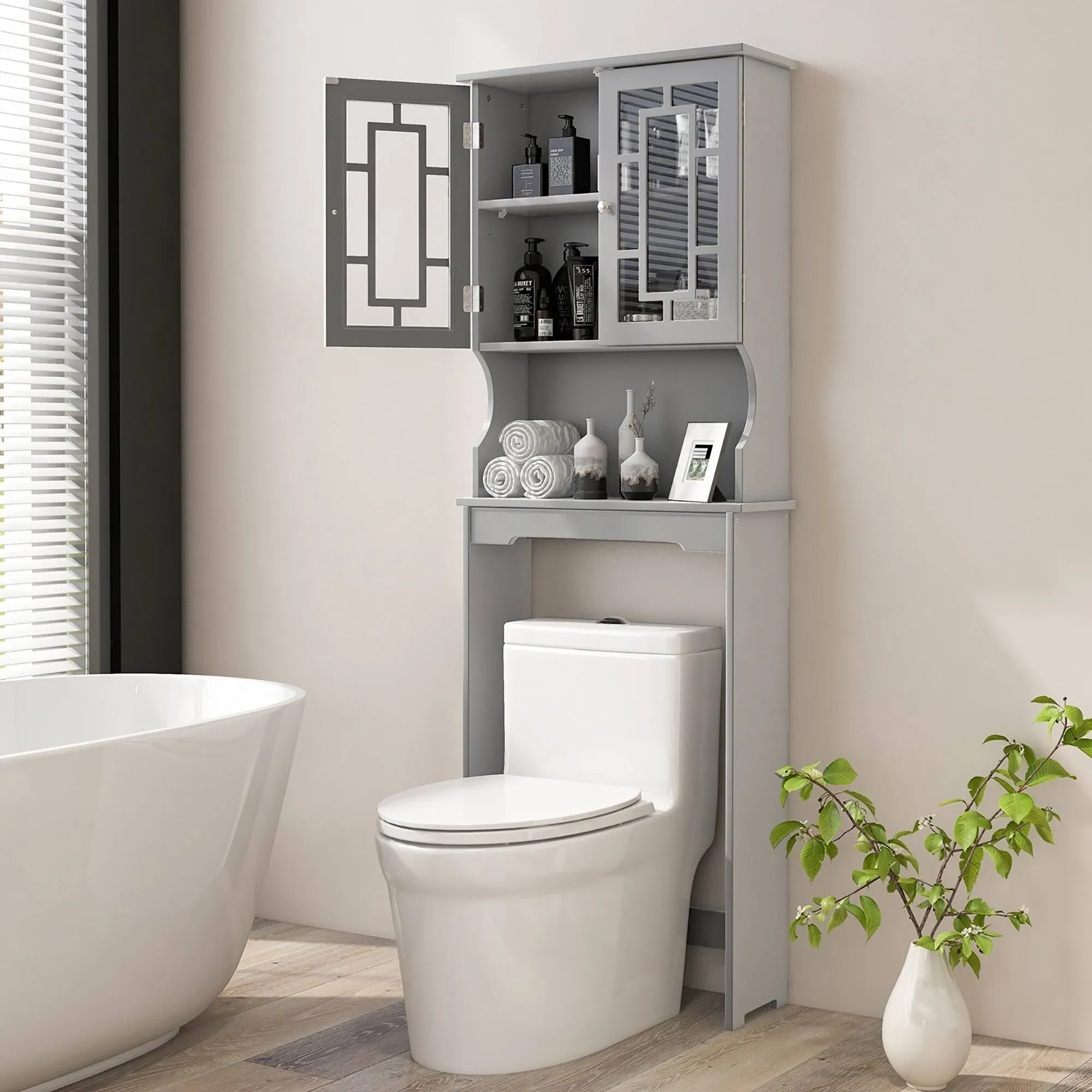 Gymax Grey Bathroom Over The Toilet Space Saver Storage Cabinet - See Details