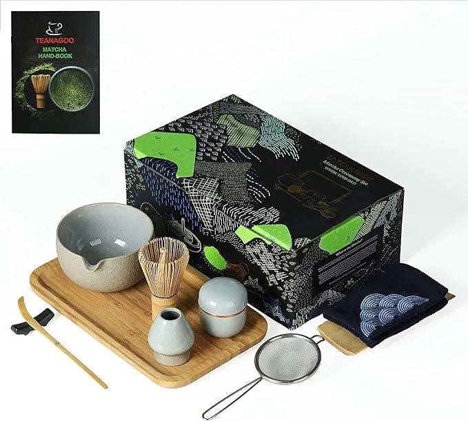 TEANAGOO Matcha Ceremony Set with Tray, Japanese Tea Set, Matcha Bowl with Pouring Spout, Matcha Bamboo Whisk, Scoop, Sifter, Matcha Whisk Holder, Ma