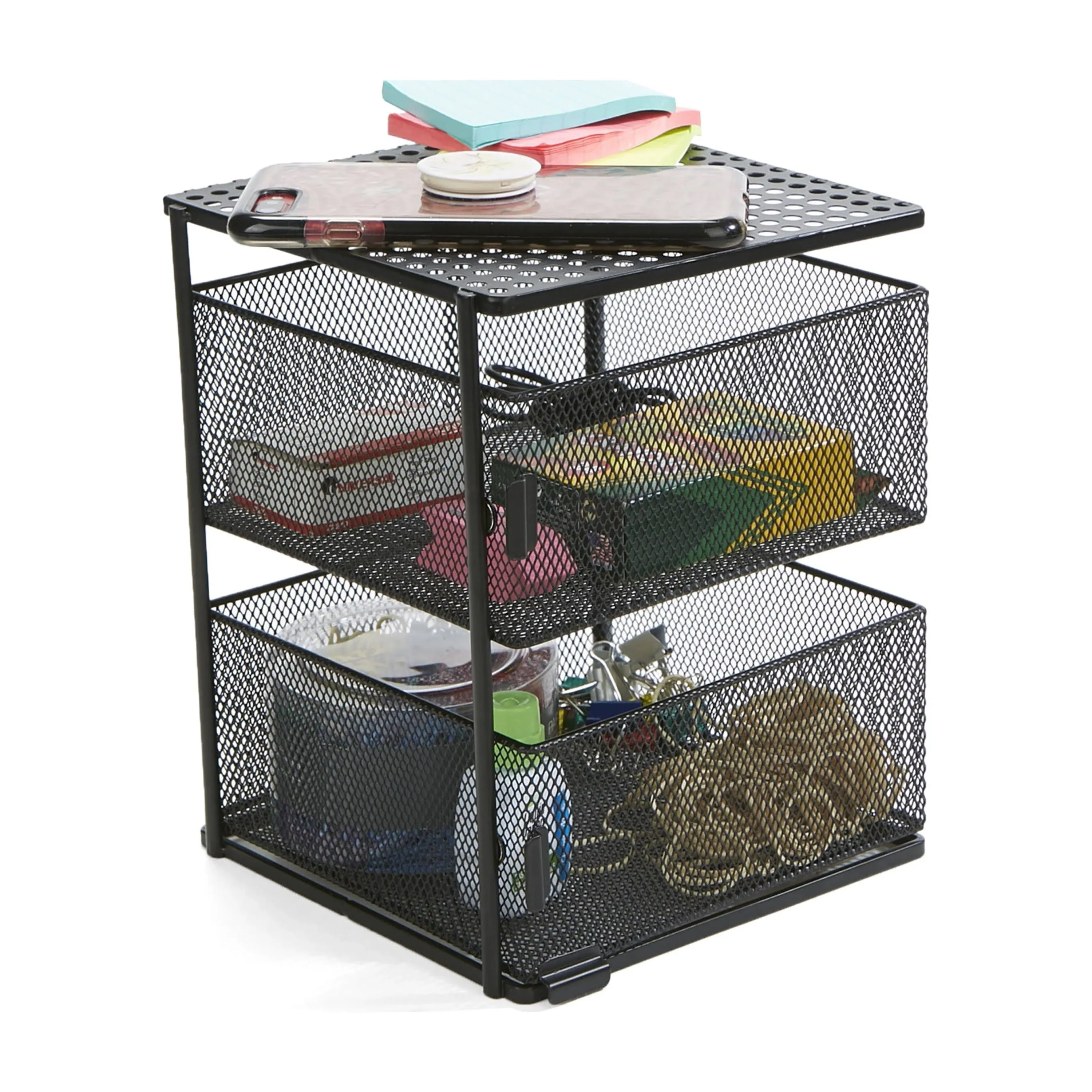 MIND READER Metal Mesh Magnetic Organizer [2 TIER] Slide Out Basket Drawer For Kitchen, Bathroom, Office Desk (BLACK)