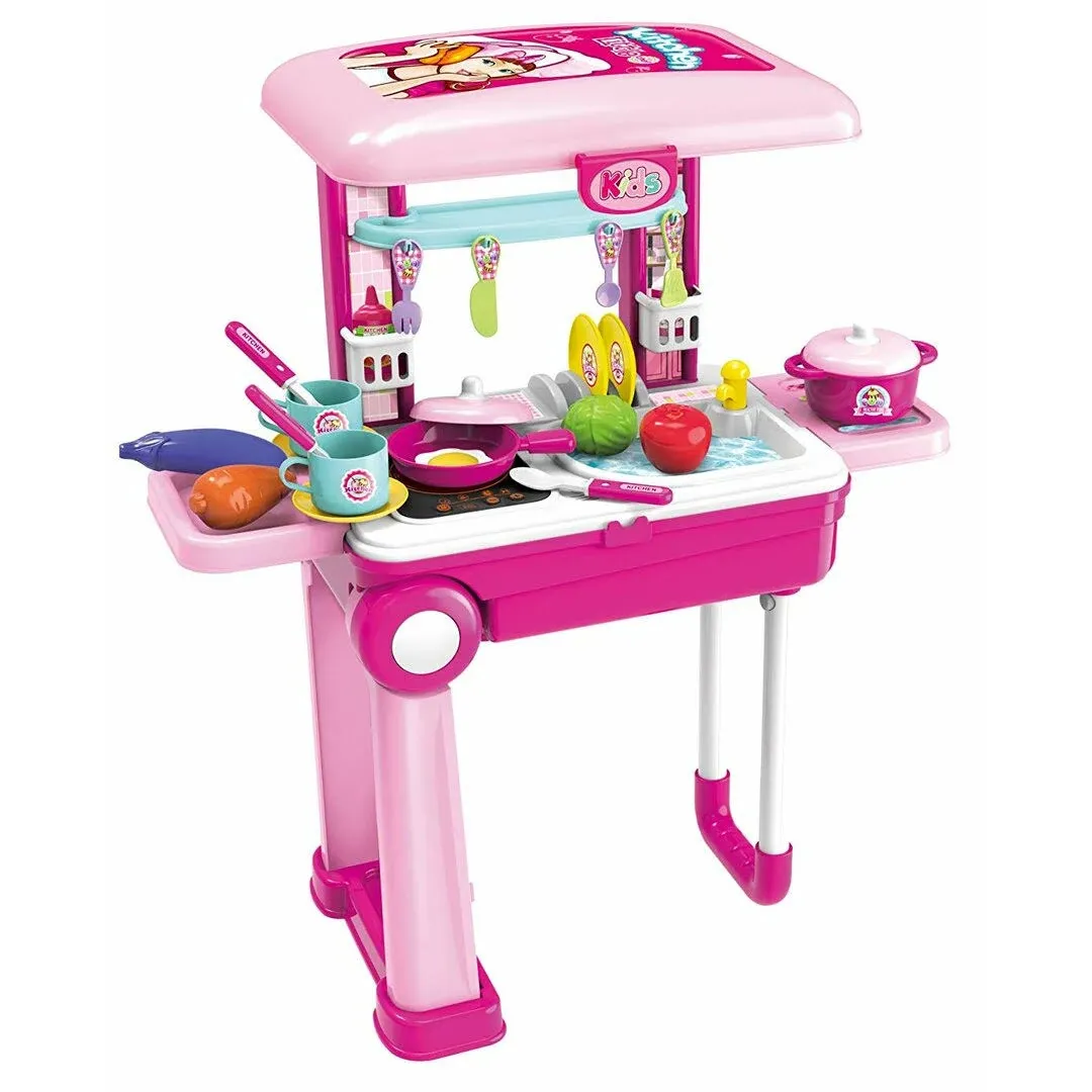 Toy Chef 2-in-1 Travel Suitcase Kitchen Set for Children | Kids' Cooking Playset Includes Toy Pots, Pans, Dishes, Utensils & Foods, Pretend Play Kit for Boys & Girls (Pink)