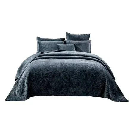 Tache Velvet Dreams Luxurious Velveteen Velour Super Soft Plush Warm Cozy Elegant Ripple Waves Stitch Quilted Coverlet Steel Navy Blue Bedspread Set, Queen