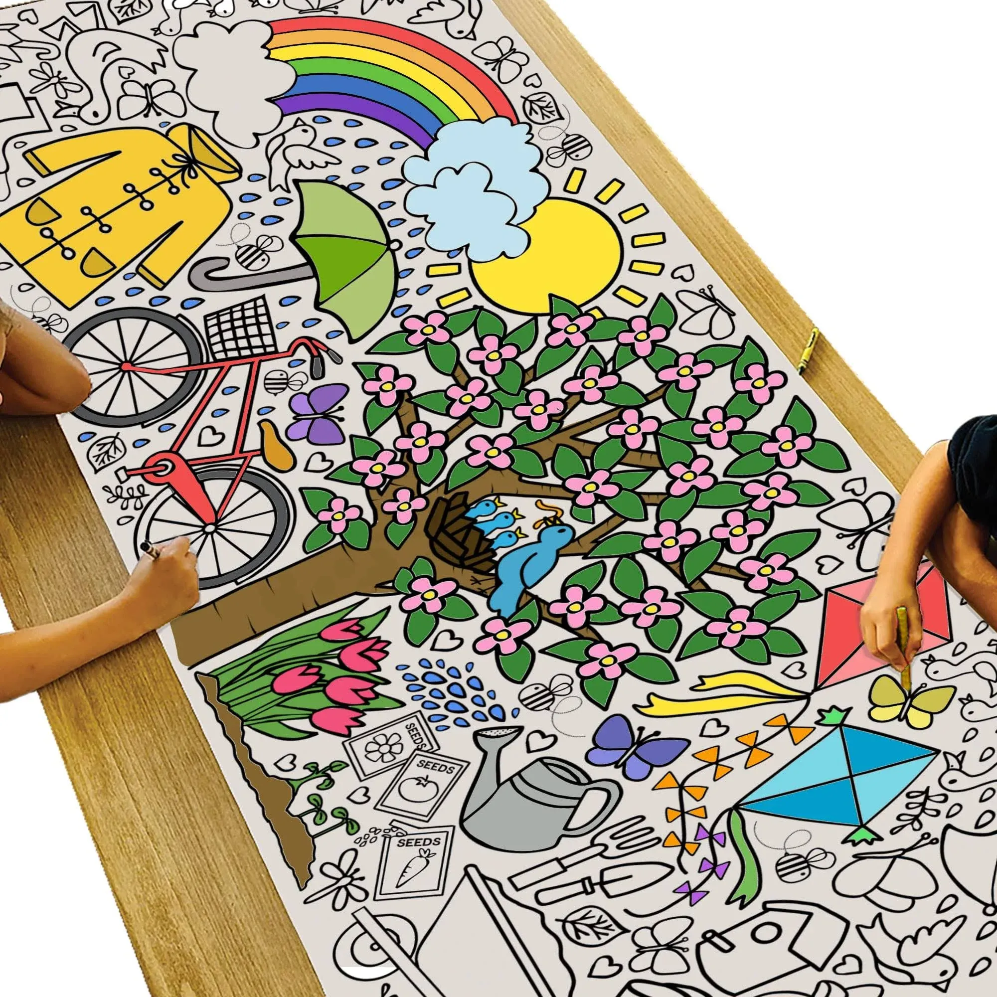 Tiny Expressions Giant Coloring Poster for Kids - Springtime Fun | Rolled, No Creases 30" x 72" Garden Theme Coloring Table Cloth for Kids Activity | Spring Crafts for Kids