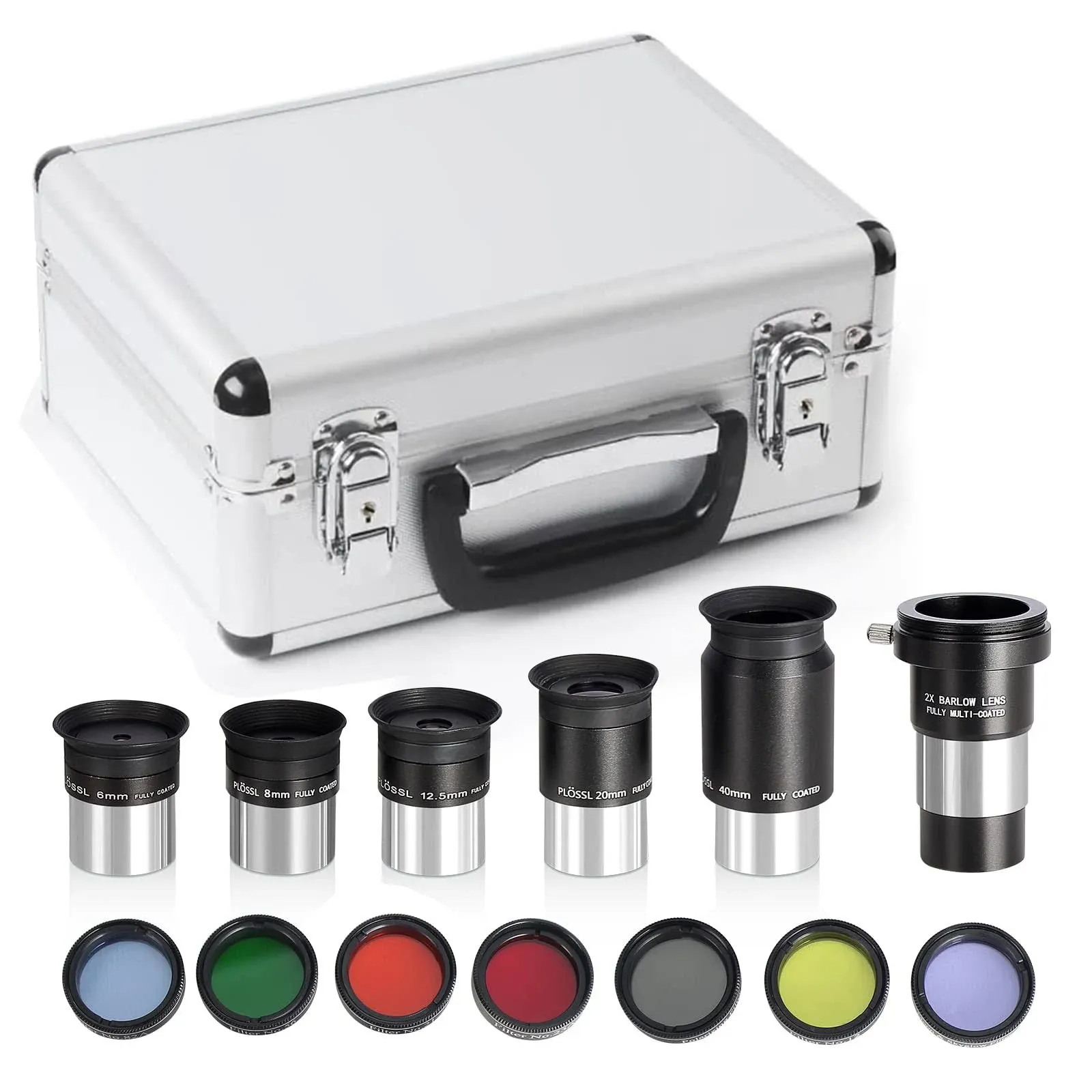 1.25" Eyepiece and Filter Set with a Carry Case-Telescope Accessory Kit (13 Piece) - 5pcs Plossl Eyepieces & 5pcs Color Filters & a 2X Barlow Lens & a Moon Filter & a Polarizing Filter