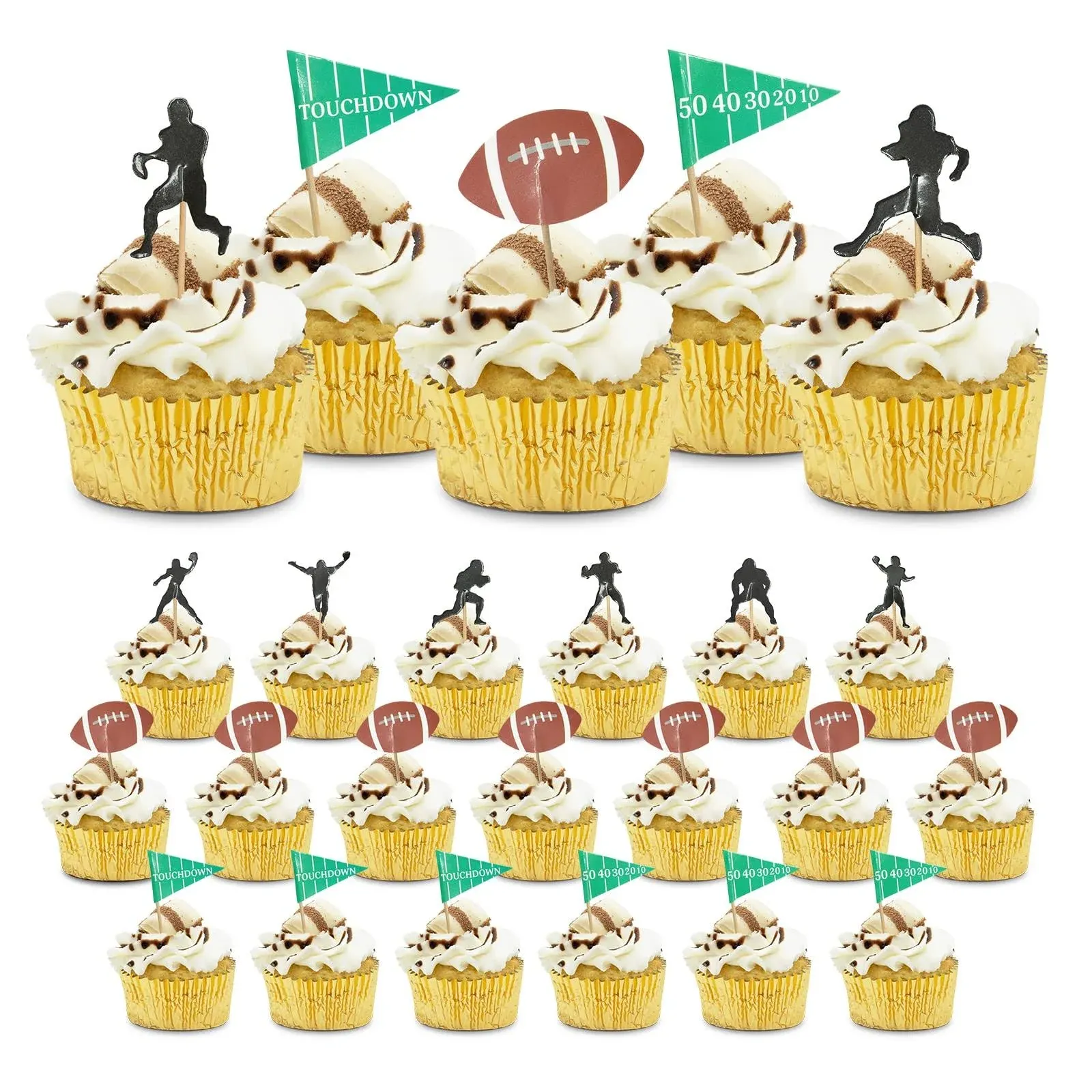 Football Cupcake Toppers for Cake Decorations 24 Pieces, 8 x Silhouettes, 8 x 