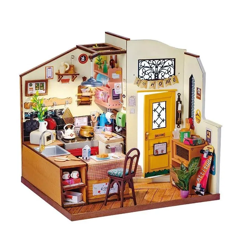 ROBOTIME Miniature House Kit DIY Mini Dollhouse with Furniture Tiny Room Kit with LED Light Hobby Wooden Craft Diorama Gift for Kids & Adults (Cozy Kitchen)