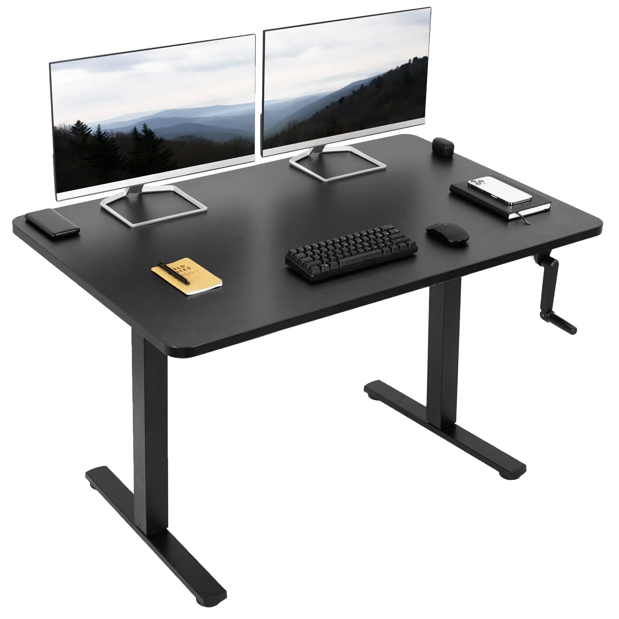 VIVO Manual Height Adjustable 48 x 30 inch Stand Up Desk, Black Solid One-Piece Table Top, Black Frame, Standing Workstation with Foldable Handle, DESK-KIT-MB5B