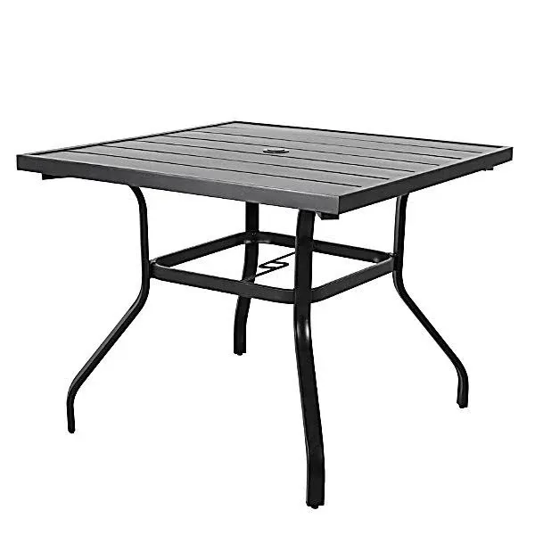 Black Square Metal Outdoor Patio Dining Table with Umbrella Hole