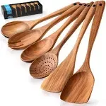 Zulay Kitchen Teak Wooden Cooking Spoons 6 Pc.