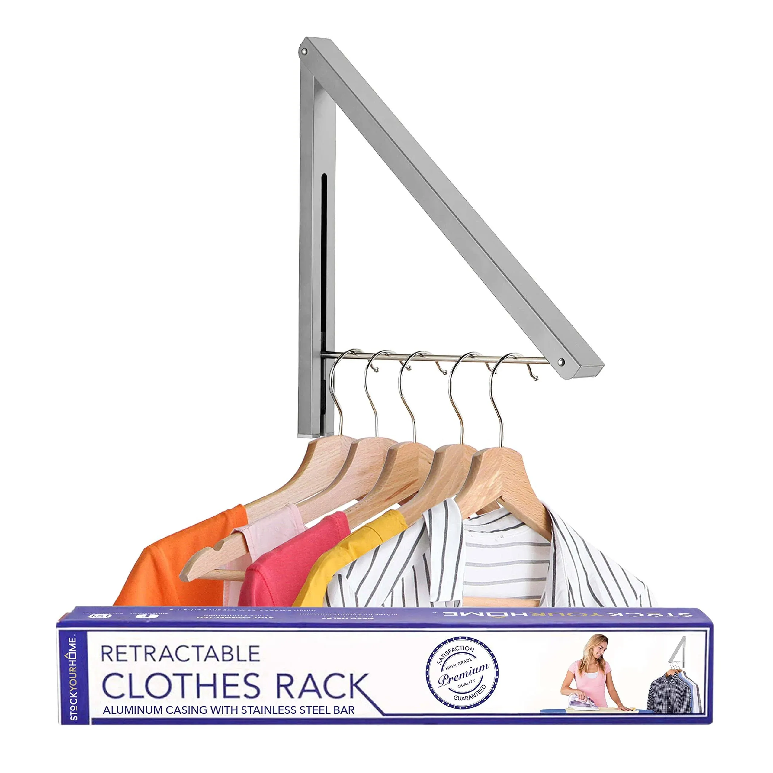 Silver-Retract<wbr/>able Clothes Rack, Wall Mounted Folding Clothes Hanger Drying Rack