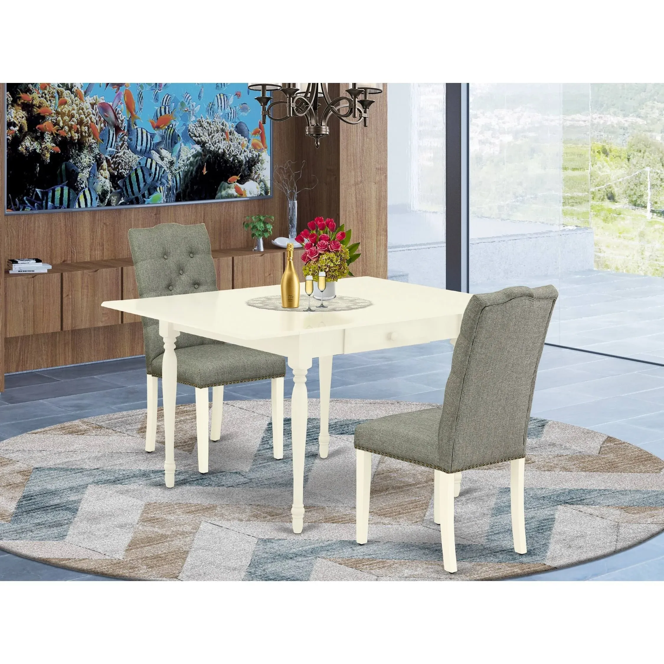 East West Furniture MZEL3-LWH-07 Monza 3 Piece Modern Set Contains a Rectangle Wooden Table with Dropleaf and 2 Gray Fabric Parson Dining Chairs, 36x54 Inch, Linen White