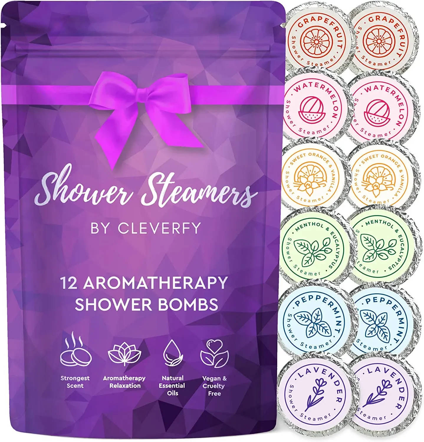 Cleverfy Shower Steamers Aromatherapy - Pack of 12 Shower Bombs with Essential Oils. Self Care Stocking Stuffers for Women and Teens and Christmas Gifts for Women. Purple Set