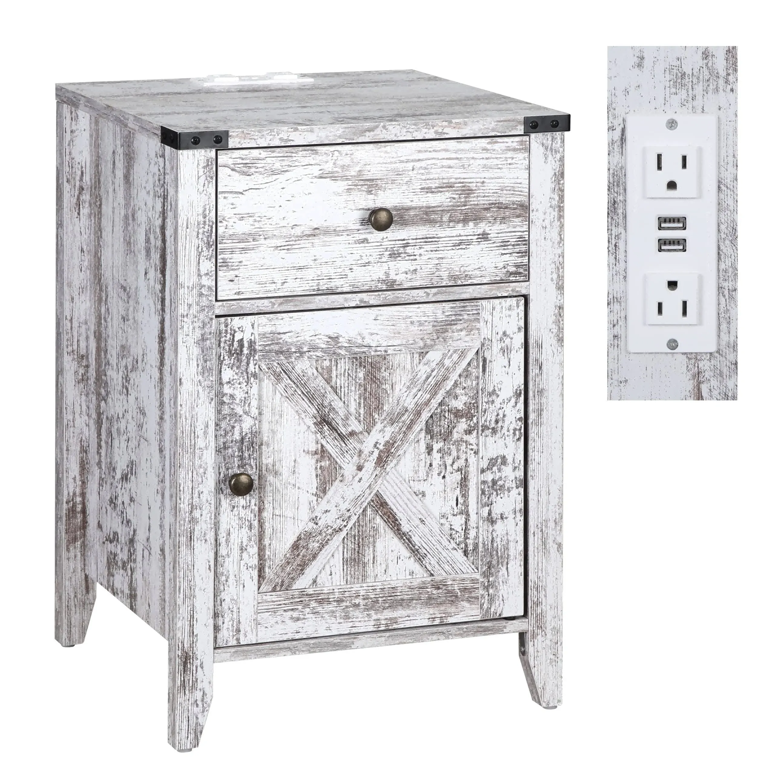 Tolead Barnwood Rustic Nightstand with Charging Station, Side Table with Barn Door and Drawers, Weathered Oak Style End Table, Living Room, Bedroom, White